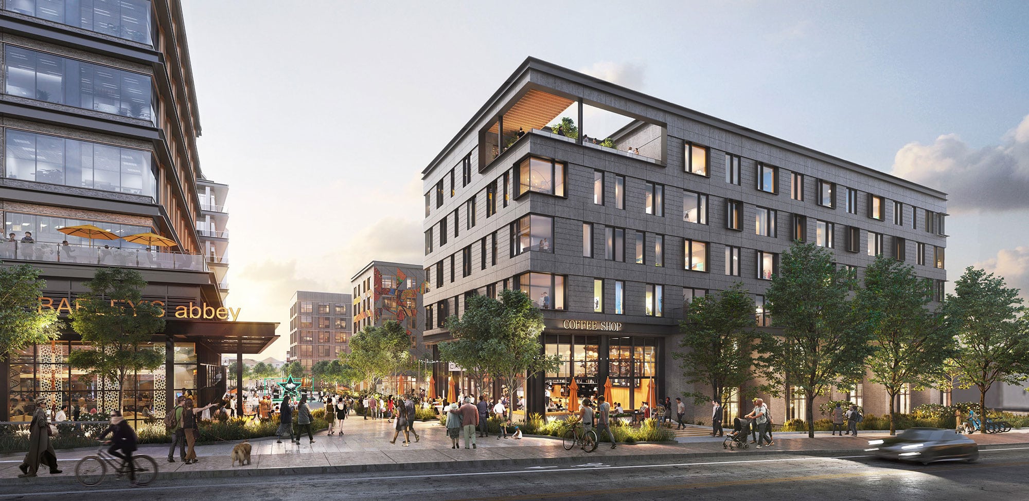 Retail park at Link on Lincoln showing green space